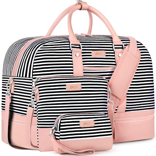 Image of Weekender Bag for Women, Large Overnight Bag Canvas Travel Duffel Bag Carry On Tote with Shoe Compartment 21 inch 3Pcs Set, A07-pink+black & white stripes, Large, Practical