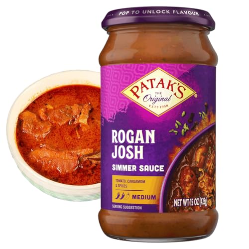 Patak’s Rogan Josh Simmer Sauce - Medium Spiced Tomato-Based Curry Sauce with Garlic, Ginger & Aromatic Spices - Gluten-Free & Vegan Indian Simmer Sauce - Ready in Minutes - 15oz Jar (Pack of 1)