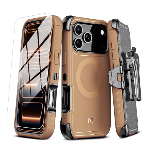 Image of M MYBAT PRO for iPhone 17 Pro Case with Belt Clip Holster,[Compatible with Magsafe] w /Screen Protector,Anti-Drop,Shockproof,w 360Rotating Kickstand,Heavy Duty Protection (Brown)