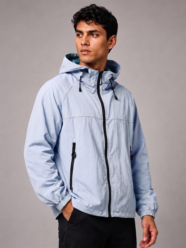 Image of CHKOKKO Windcheater Jacket For Men With Hood UPF 50+ UV Sun Protection | Lightweight Breathable Water-Repellent Windbreaker | Nylon Fabric Outdoor Running Biker Dailywear Jacket