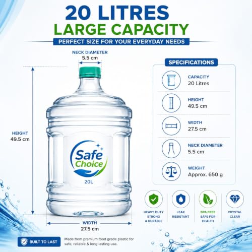 Image of Plastic Water Bottle - 20L, Mineral Water Dispensers Jar | Drinking Water Can | Big Water Bottle BPA Free Water Bottle Large Container Without Thread Cap (Transparent)