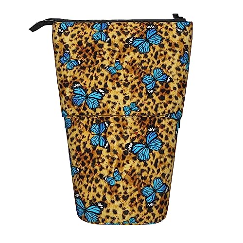 Astuccio telescopico con farfalle con leopardata astuccio per cancelleria e penne con cerniera Come mostrato Taglia unica Zaino per la scuola blu pelle