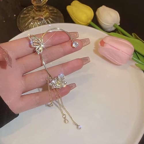 2Pcs Zircon Butterfly Ear Cuff Earrings For Women No Piercing Butterfly Ear Clip Wrap Around Fake Earrings Ear Wrap Crawler Rhinestone Wrap Earrings For Girls #TOP5