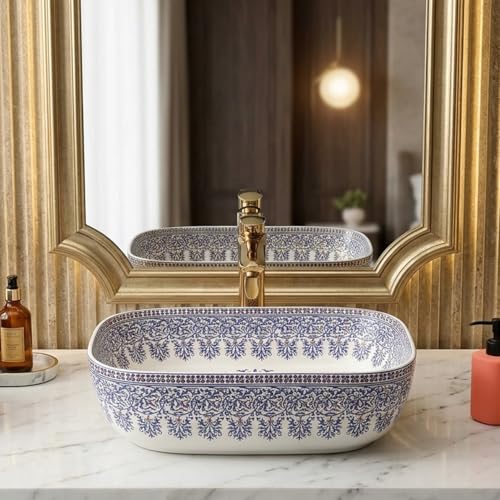 Image of Archstone Wash Basin for Bathroom-1 Year Warranty- Tabletop Washbasin - Ceramic Glossy Rectangle Designer Moroccan Countertop Vessel Sink, Dining Hall & Vanity 33x45x14.5 cm (Blue Moroccan)