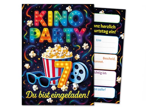 Junaversum 12 Einladungskarten zum 7. Kindergeburtstag Kino Party Mädchen Jungen bunt coole bunte Einladungen siebte Geburtstag Geburtstagseinladungen Kids Kinogeburtstag