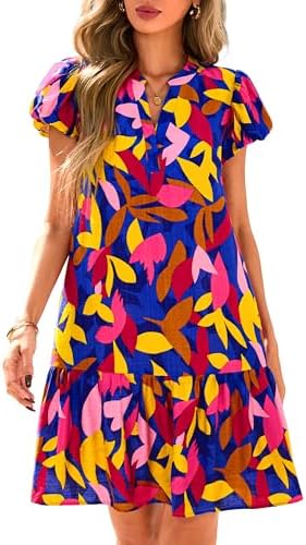 dowerme Womens Summer Dresses 2025 Puffy Sleeve V Neck Loose Floral Print A Line Boho Mini Babydoll Dress with Pockets