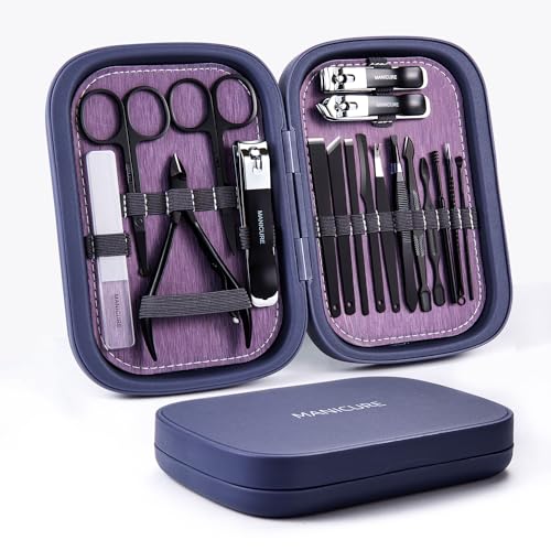 Professional Manicure Set - 18 Pieces Nail Clippers Set-Pedicure Kit and Grooming Kit-Stainless Steel Nail Care Tools with Portable Travel Case for Men Women Gift (Royal Blue B)