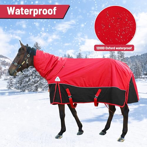 Image of 1600D Winter Horse Blankets Waterproof,Medium Weight Horse Blanket with Detachable Neck Mask,Horse Blankets for Real Horses,Protect Horses (Back Length78in Horse Height57in(145cm),No Scarf Style)