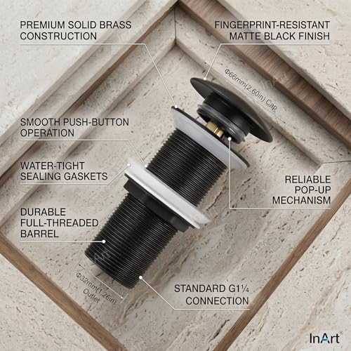 Image of InArt Black Finish Pop-up Brass Basin Drainer /Waste Coupling for Bathroom Wash Basin /Vessel Sink - 5 Inch Full Threaded, 32 MM Flush Valve Faucet, Easy Install Black Matt
