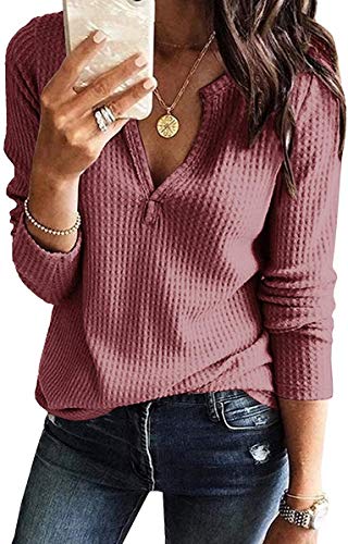 Hount Womens Loose Fit Waffle Knitted Tops Long Sleeve Casual V Neck Pullover Tops (Brick Red, X-Large)