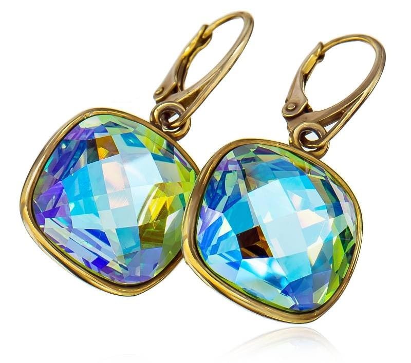 Boucles d'oreilles Peridot Blue Aurora Arande en argent plaqué or 24k et cristal