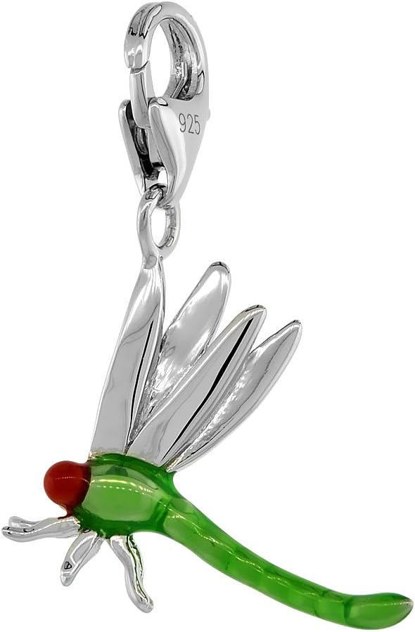 Sterling Silver Enamel Red & Green Dragonfly Charm with Lobster Clasp for Bracelets Women 13/16 inch