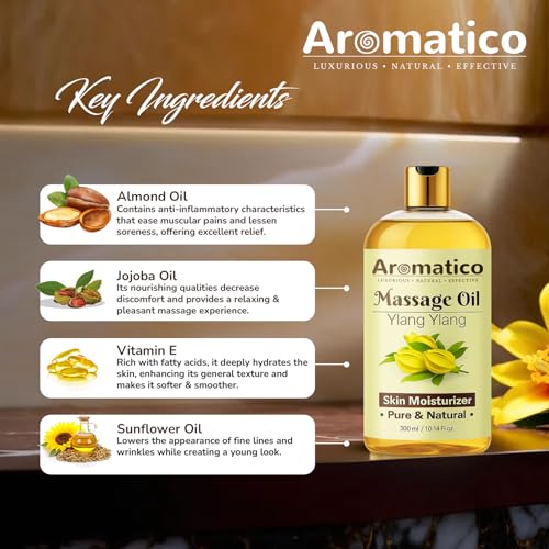 Image of AROMATICO Ylang Ylang Massage Oil. Sunny, Sensual, Floral Fantasy for Date Nights - 300ml. Intimate, Romantic & Arousing Massage Oil for Couples. Non-sticky, 100% Pure & Natural