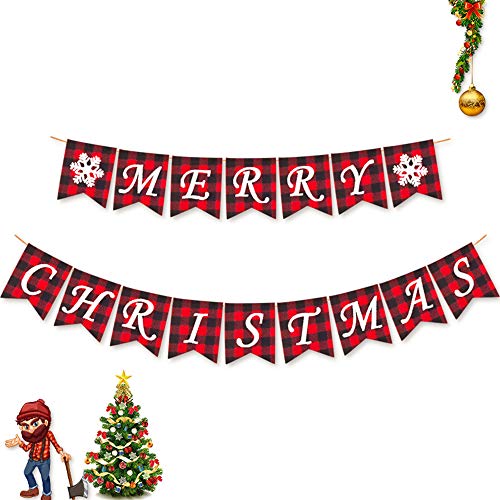 COOLJOY Merry Christmas Banners Jute Plaid Bunting Burlap Banner Christmas Decorations