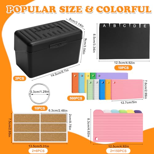 2Pack 3x5 Index Card Box, 500Pcs 10-Colored Heavy Weight Index Cards 3x5 with 150Pcs 6-Colors Lined Flash Cards for Studying, 5Pcs A-E Index Card Dividers & 10Pcs Note Cards Ring & 12Pcs Sticker