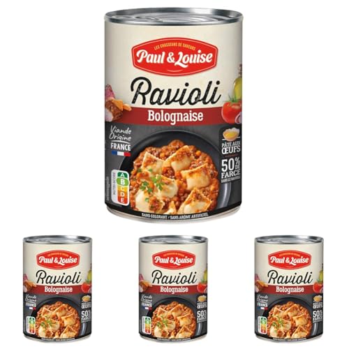 Paul & Louise Ravioli Bolognaise 400g - Pâte aux œufs – 50% de farce - 100% viande origine France - Sans colorant - Sans arôme artificiel - Nutriscore B (Lot de 4)