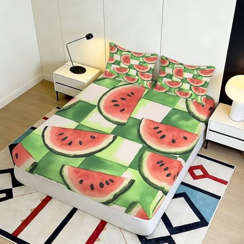 Housse matelas pastèque 200x200x25cm avec ensemble chambre microfibre 3D
