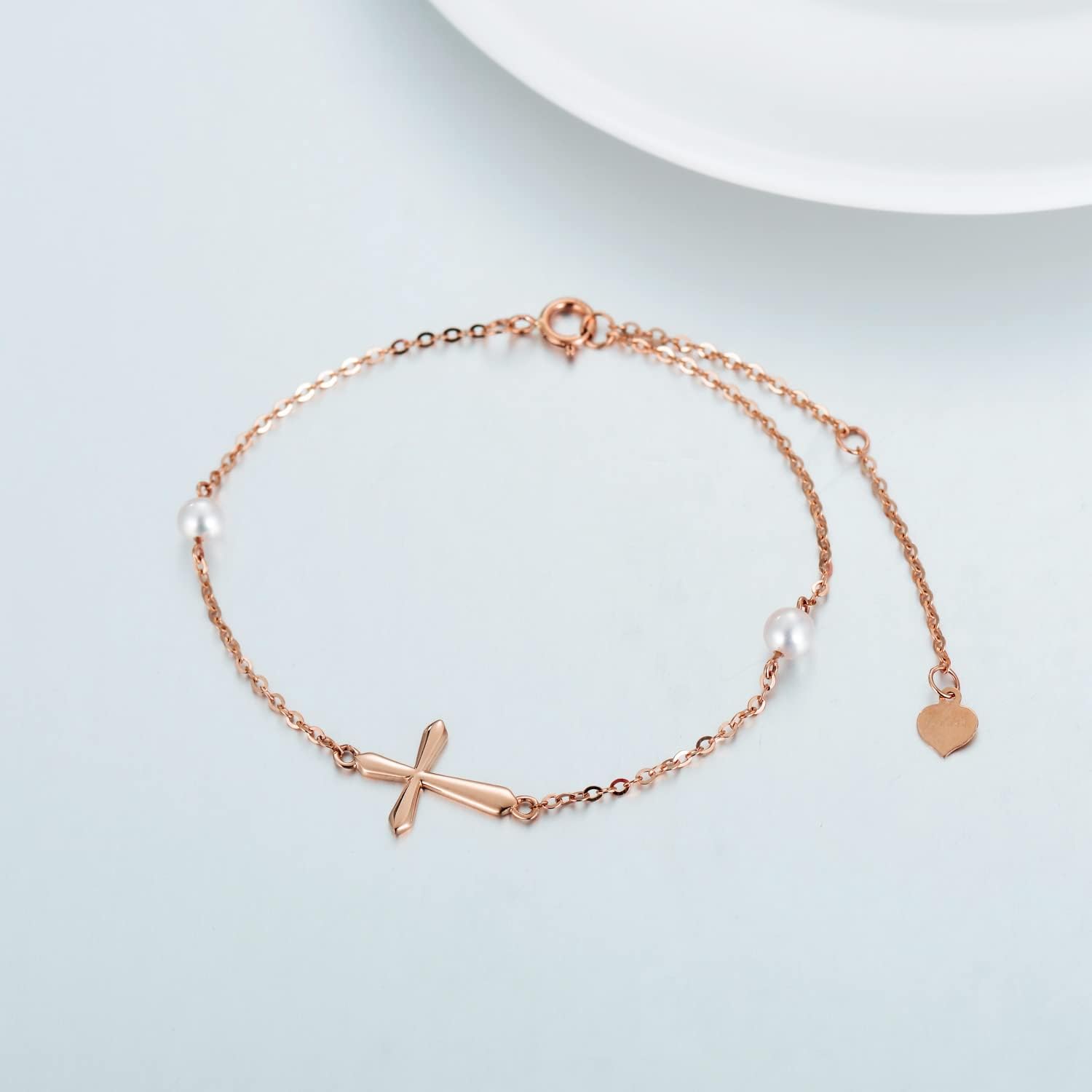 SISGEM 14k Rose Gold Cross Bracelet for Women, Real Pearl Religious Bracelet, Confirmation Gifts for Her, 6.3"+1"+1"
