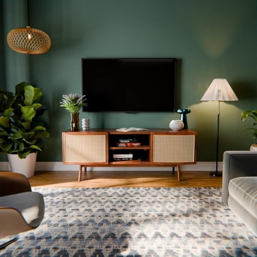 Image of MISAN Modern TV Table | Solid Sheesham Wood Sideboard TV Unit for Living Room, Bedroom, Office Furniture Stand | Wooden Free Standing Entertainment Unit Side Board Table with Storage (E-Hony)