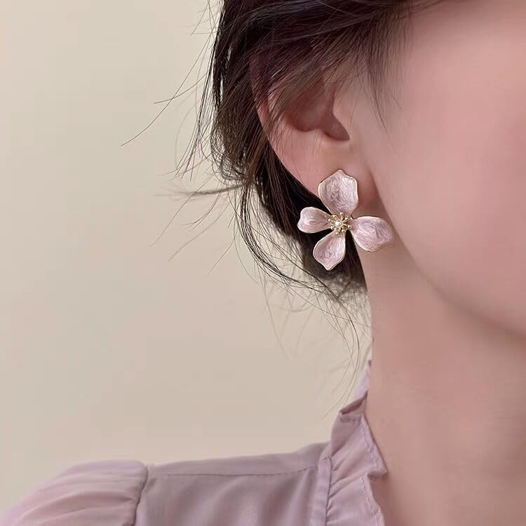 Cute Flower Earrings Red Vintage Flower Drop Earrings Trendy Fashion Pearl Statement Earrings Chic Elegant Enamel Floral Stud Earrings for Women Mom Holiday Wedding Birthday Jewelry Gift - Image 2