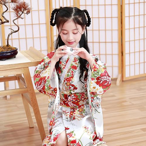 Kids Girls Japanese Flower Satin Kimono 𝐑obes Silky Long Sleeve Traditional Holiday 𝐁ath𝗿obe for Wedding Party4