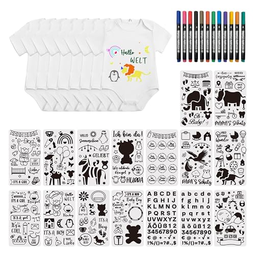 FloraVigo 8 piezas de dibujo de bebé onesia, juego de dibujo con 16 plantillas de dibujo y 12 lápices textiles para juegos de baby shower, bodys baby