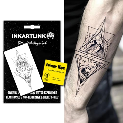 INKARTLINK Semi Permanent Tattoo, Temporary Tattoo,geometric pattern, gift for cool boys, adult art design, party favor, waterproof, realistic, no adhesive, no reflective (Sun Moon Mountain River)