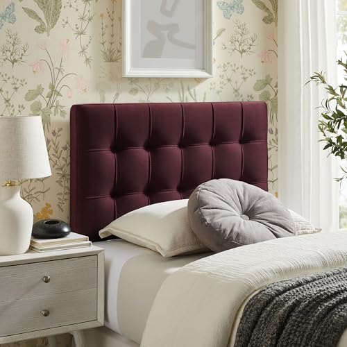 Image of Modway Lily Twin Size Stain-Resistant Performance Velvet Headboard in Mulberry - Velvet Upholstery with Button Tufting and 4 Adjustable Height Positions