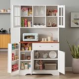 Kitchen Storage Cabinets with Adjustable Shelves, Tall Storage Cabinets with Glass Doors，Display Cabinet, Microwave Oven Shelf Cabinet, Side Cabinets (White)