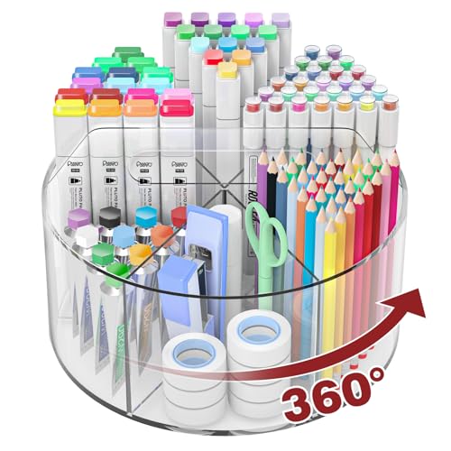 Absonic Acrylic Pen Holder Pencil Organizer, 360-Degree Rotating Pencil Holder, Crayon Organizers for Kids Marker Organizer Caddy Art Supply Kids Desk Organizers for Office Home School