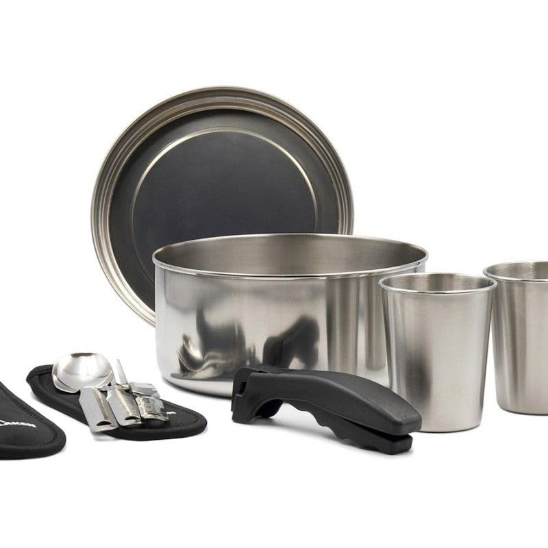 Batería acero inox. 20 cm. con funda, 2 cubiertos, 2 vasos acero y mango
