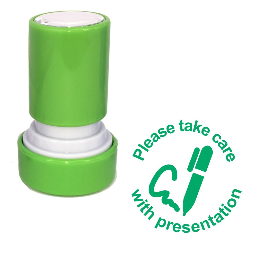 School Stamps Green Please Take Care With Presentation Teacher Stamp. Self-Inking, 22Mm, Reinkable, Quality Stamper For Marking. Ink