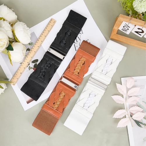 GORGECRAFT White Stretchy Belt for Women PU Leather Wide Elastic Waist Belts Vintage Adjustable Invisible No Show Cinch3
