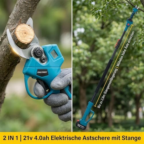 21V Akku Gartenheckenschere mit Teleskopstange, 40mm Schnittstärke, 2-in-1 Gerät mit 2 Akkus für Obstbäume, Hecken und Gartenpflege