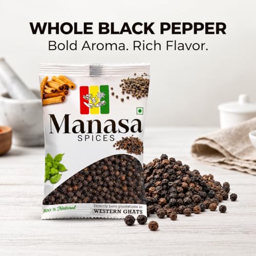Image of Manasa Spices Black Pepper Whole 100gm, Kali Mirch Whole Sourced from the fertile Western Ghats, Bold Sun-Dried Peppercorns, 100% Natural & Pure, Rich Aroma & Flavor, Sabut Gol Mirch for Cooking