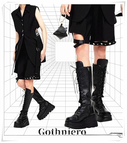 Gothniero Women Black Platform Goth Boots Mid Calf with Heel Knee High Boots Winter Chunky Heel Punk Rave Boots Girls Lace Up Combat Booties Size 5.5-112