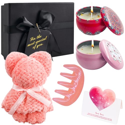 Juego de Velas Aromáticas para Mujer Velas Aromáticas con Toalla Plegada, Tarjeta Felicitación, Peine y Caja Regalo Velas Perfumadas de Cera Soja Regalo de San Valentín, Navidad, para Novia, Esposa