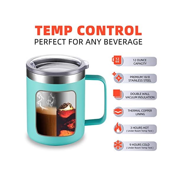 CIVAGO Taza de café de acero inoxidable con asa, 354 ml de doble pared aislado al vacío con tapa, apto para viajes (Aqua… - Imagen 4