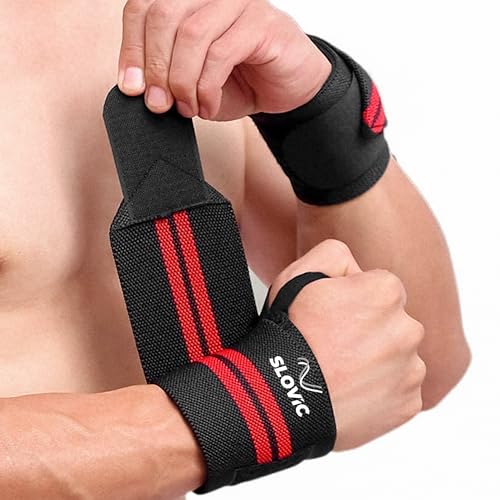 SLOVIC Wrist Band for Men Gym, Breathable Gym Wrist Support for Men Red-Strip | Perfect Wrist Band for Pain Relief | Performance Enhancement Straps for Gym, Weightlifting, Gymnastics & Cross-Training