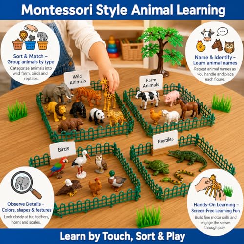 Image of Animals Set for Kids | Safari Animal Figures & Zoo Animal Toys with Trees, Fences & Mini Animal Figurines |50+ Pieces| Toys for Kids 3-5 Years
