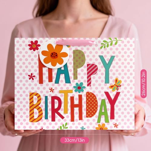Image of JMANNI Large Happy Birthday Gift Bag with Tissue Papers and Greeting Card,Portable Paper Gift Bags with Handles, Present Bags for Women Girls Birthday Party Supplies 13 inch x 10.2 inch x4.7 inch(Pink Floral)