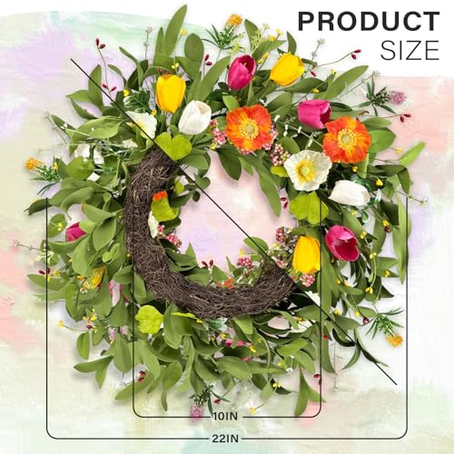 ICX 22" Spring Summe Wreaths for Front Door, Artificial Tulip Wreath with Orchids Green Foliage, All Season Farmhouse Window Wall Wedding Decor, Housewarming Gift — view 2