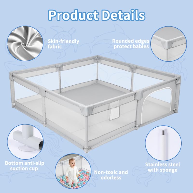 Baby Playpen for Toddlers: 6.56x6.56 ft Kid-Safe Enclosed Play Yard | Non-Slip Base, Breathable Mesh - Easy-Portable for Indoor & Outdoor Baby Play Spaces - Gray