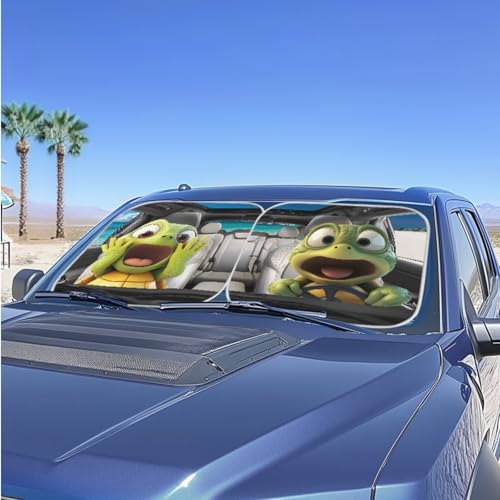 Image of Car Front Windshield Sun Shade 2-Piece Weird Turtle Foldable Car Windshield Sun Shade UV Rays and Keeps Vehicle Cool Easy to Install for Most Sedan Truck SUV