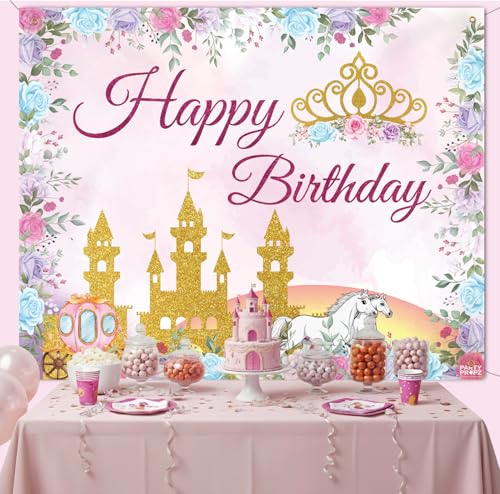 Image of Party Propz Princess Theme Birthday Decoration Items for Girls, 2pcs Backdrop 5x4 ft with Ribbon, Princess Decoration for Birthday Girls, Bday Decorations Kit & Items for Baby Girl (Cloth Banner)