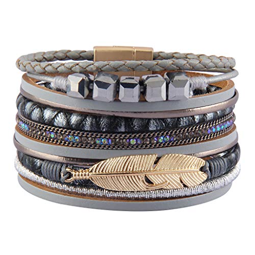 GelConnie Wrap Bracelets for Women Feather Cuff Bracelet Multilayer Bohemian Bracelet Boho Jewelry LPB297-grey
