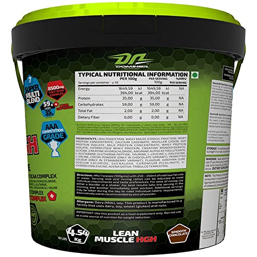 Image of DN Domin8r Nutrition DN Lean Muscle Mass Gainer | Protein Carb Nutrition Shake Whey Protein, 25g Protein Per Serving | Sports Nutrition (Smooth Chocolate, 10LBS 4.53Kg)