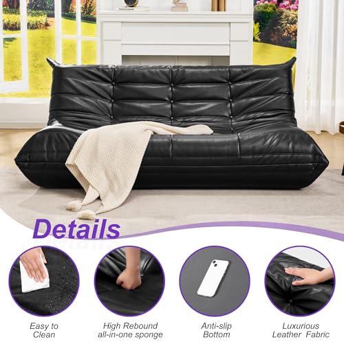 Image of Hobestluk Bean Bag Chair Giant Bean Bag Sofa 3 Seater Bean Bag Chairs for Adults, Loveseat Floor Chair, Leather Bean Bag Chairs for Living Room Bedroom Office (Black, 3-Seater)