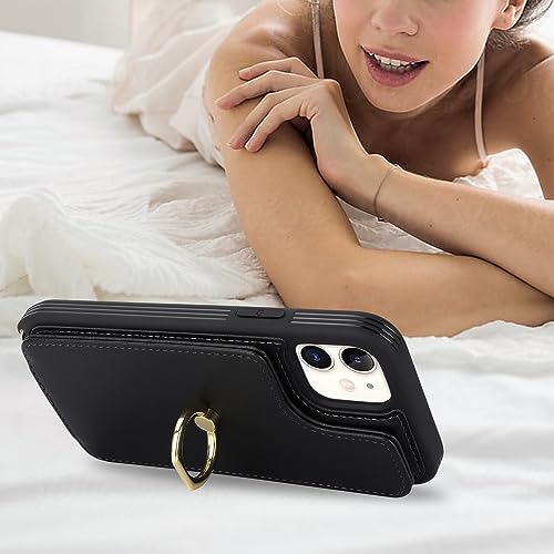 Image of for iPhone 12 Mini Case with Card Holder and Strap for Women,Crossbody Lanyard,Kickstand Ring Stand,Snap Clasp,RFID Blocking,Phone Wallet Cases 5.4 inch(Black)