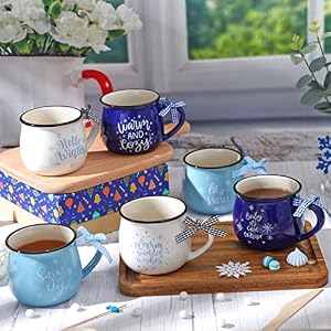 Zubebe 6 Pieces Winter Coffee Mugs Snowflake Ceramic Cups Tumbler Hot Cocoa Mugs Gift Set for Christmas Holiday Tiered Tray Coffee Bar Decorations